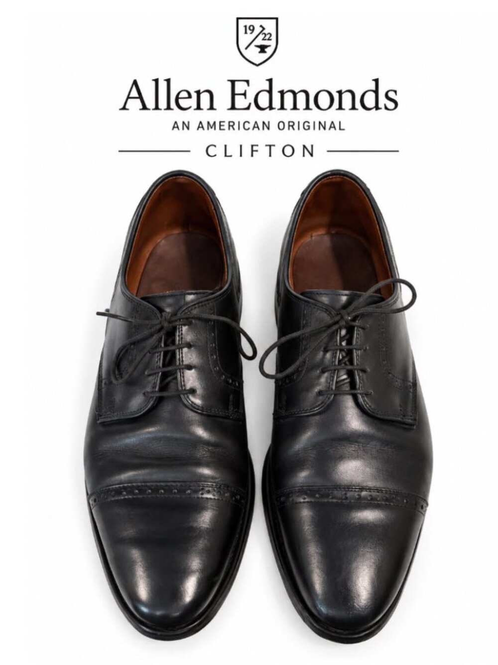 Allen Edmonds Clifton Black Leather Cap-Toe Derby Brogue Shoes 9